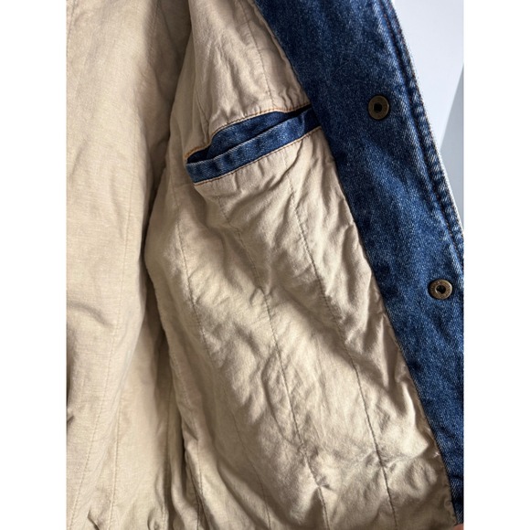 Vtg 90s Saugatuck Co Blue Denim Tan Canvas Hood Varsity Bomber Jacket Mens Med - Picture 7 of 10